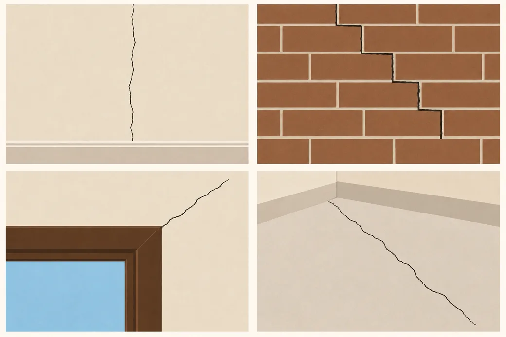 Four-part drawing: a thin crack running down a painted wall above a baseboard, a stair-step crack through brick joints, a crack climbing from the top corner of a window frame, and a long crack across a concrete floor near the corner of a room