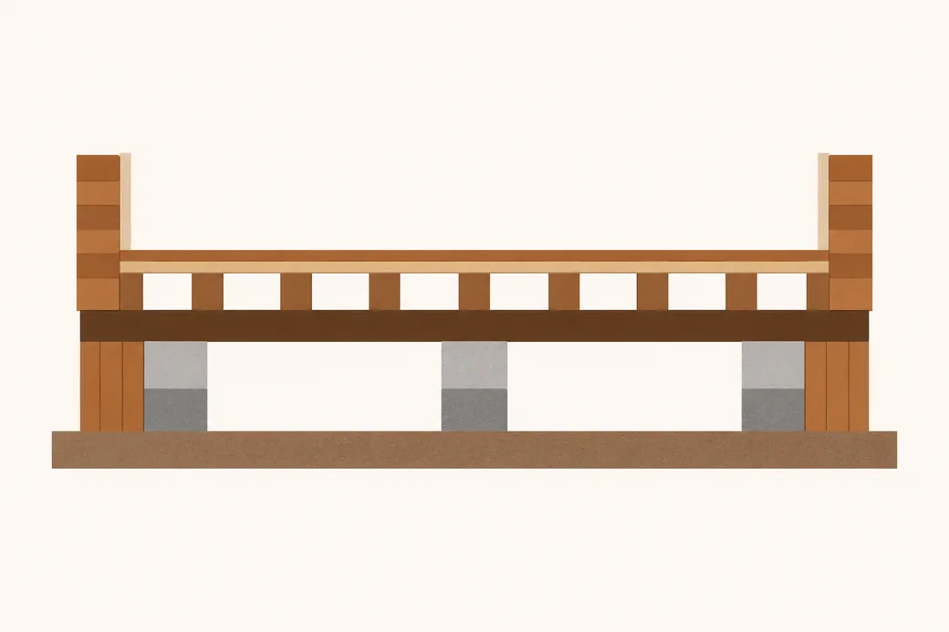 Cut-away drawing of a house floor raised off the ground: three concrete-block piers on flat ground carry one long timber beam, a row of joists sits across it under the floor, and the space beneath is open