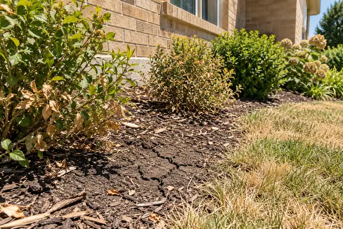 Dry, cracked soil in a mulched bed beside a brick house, with heat-stressed shrubs and browning grass